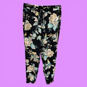 Cute navy floral jogger pants relaxed tropical drawstring elastic Ann Taylor